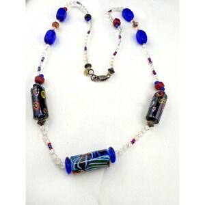 Beaded Art Glass Necklace Boho‎ Blue Red Patriotic 26"